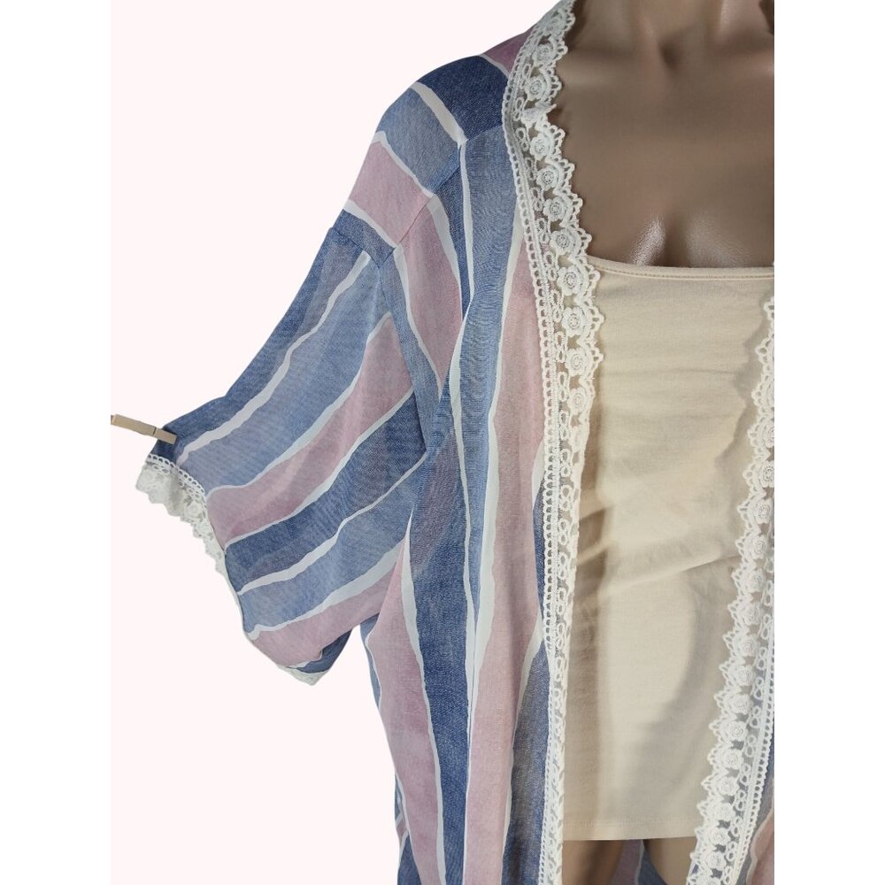 LuLaRoe Chloe Striped Lace Trim Open Kimono Womens Size XL Boho Pink Blue Cover - Picture 5 of 12